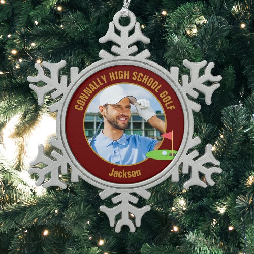 Maroon Gold Golfer Photo High School Golf Team Snowflake Pewter Christmas Ornament
