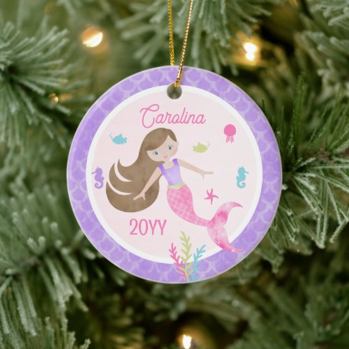 Mermaid Brown Hair Pink &amp; Purple Photo Keepsake Ceramic Ornament