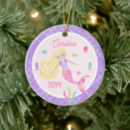 Mermaid with Blonde Hair Pink &amp; Purple Keepsake Ceramic Ornament