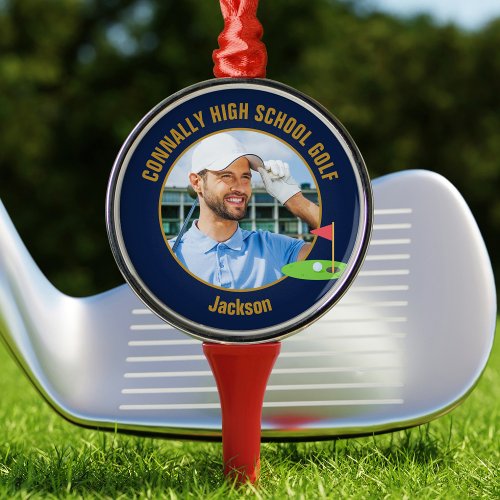 Navy Blue Gold Golfer Photo High School Golf Team Metal Ornament