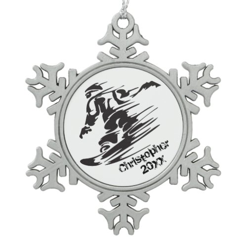 Personalized Cool Snowboarding Mountain Snowflake Pewter Christmas Ornament