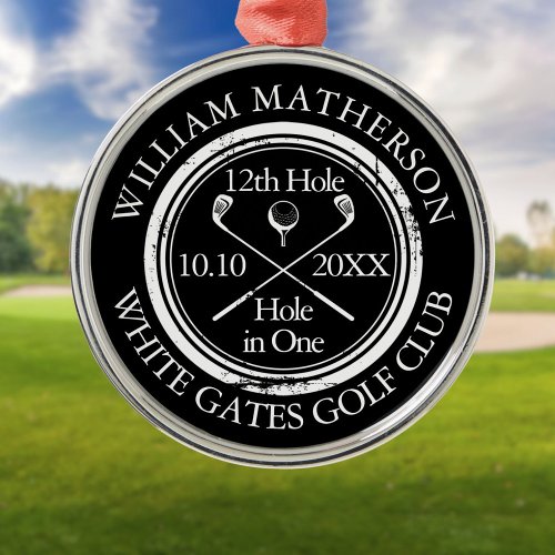 Personalized Golf Hole in One Black And White Metal Ornament