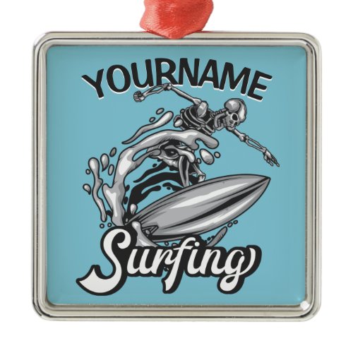 Personalized NAME Surfer Big Wave Skeleton Surfing Metal Ornament