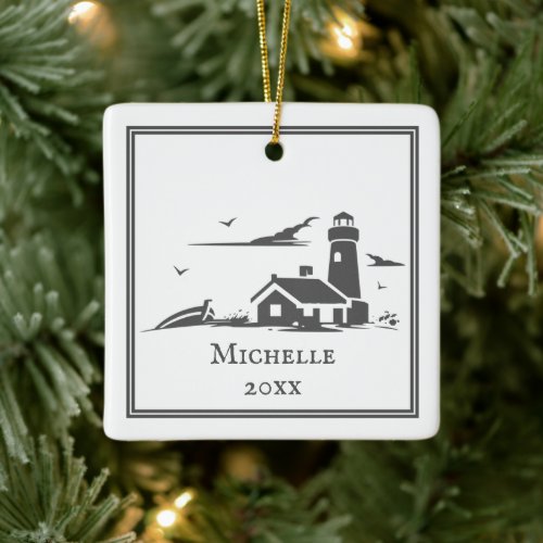 Personalized Nautical Lighthouse Seaside Christmas Ceramic Ornament