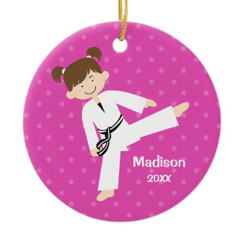 Pink Stars Taekwondo Karate Girl Personalized Ceramic Ornament