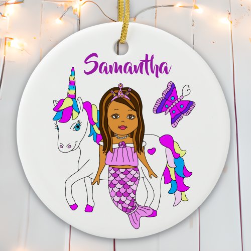 Pretty Mermaid and Unicorn Personalized Christmas Ceramic Ornament