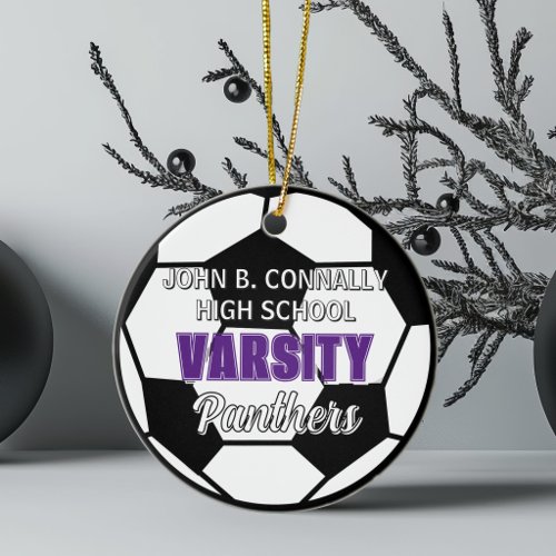 Purple Varsity Soccer Custom High School Christmas Ceramic Ornament