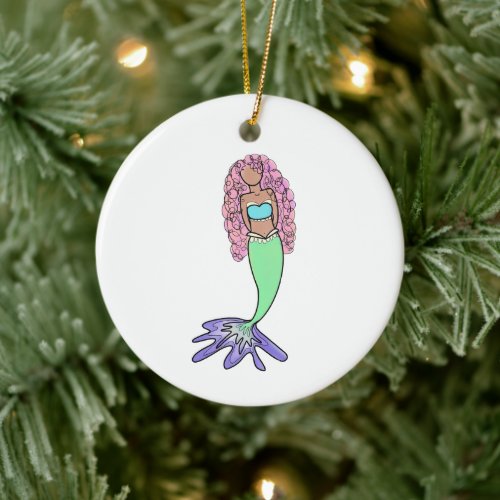 rainbow mermaid pink blue purple green black curly ceramic ornament