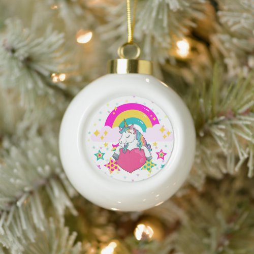 Rainbow Unicorn with Stars    Ceramic Ball Christmas Ornament