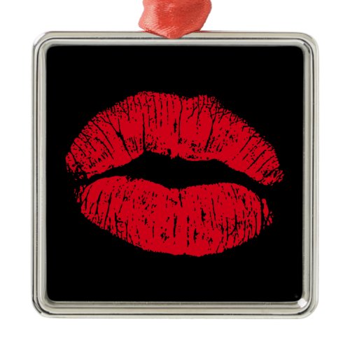 Red Kissing Lips on Black Metal Ornament
