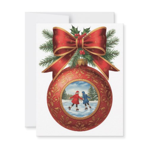 Skating Children Ornament Red Bow Christmas Holiday Card