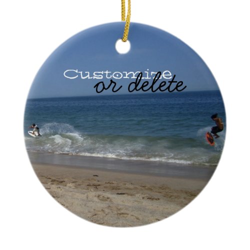 Skimboarders in the Surf; Customizable Ceramic Ornament