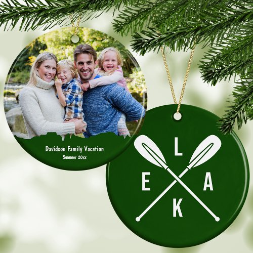 Summer Lake Paddles Text   Photo Green Christmas Ceramic Ornament