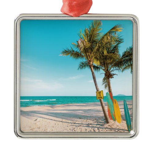 Surf boards on beach throw pillow metal ornament