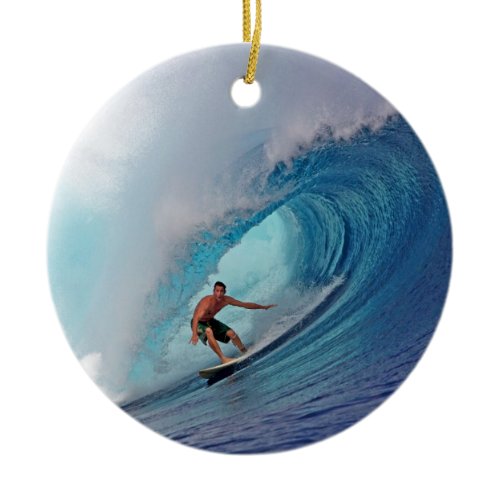 Surfer surfing a huge wave. ceramic ornament