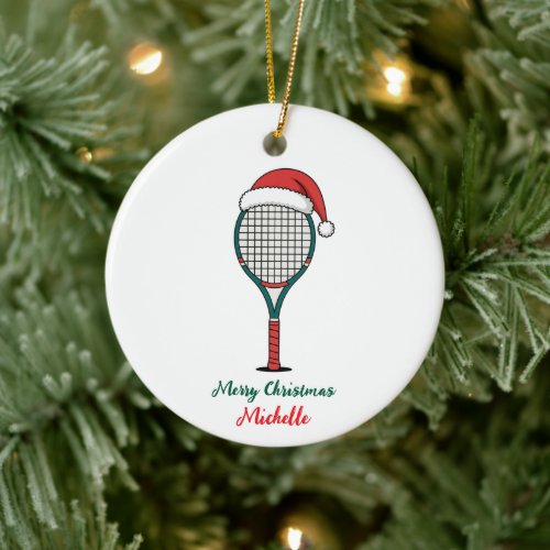 Tennis Paddle with Santa Hat Custom Christmas      Ceramic Ornament