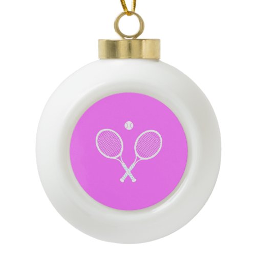 Tennis Rackets and Ball Pink Festive Ceramic Ball Christmas Ornament