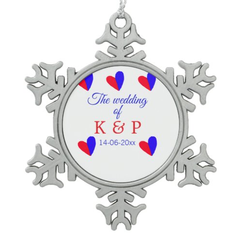 The wedding of add couple name initial letter date snowflake pewter christmas ornament