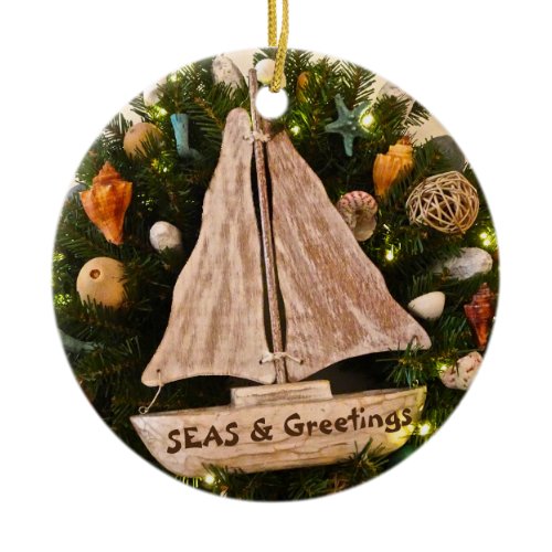 Tropical Coastal SEAS &amp; Greetings Beach Christmas Ceramic Ornament