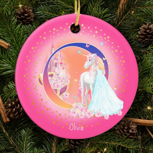 Unicorn and Princess Letter O Monogram Christmas Ceramic Ornament