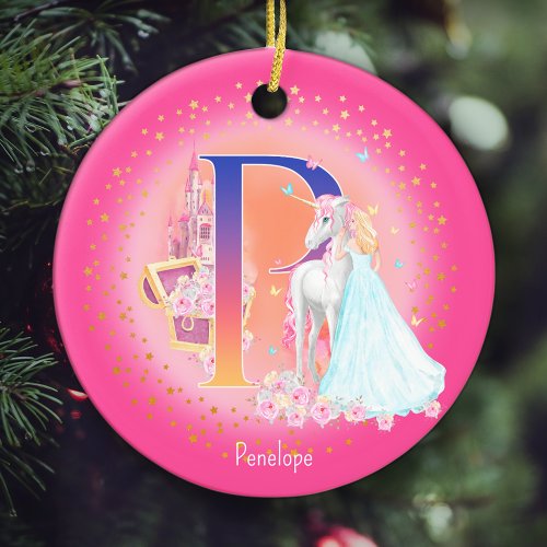 Unicorn and Princess Letter P Monogram Christmas Ceramic Ornament
