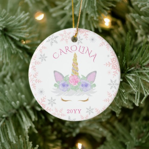 Unicorn Face Eyelashes Floral Glitter Custom Name Ceramic Ornament