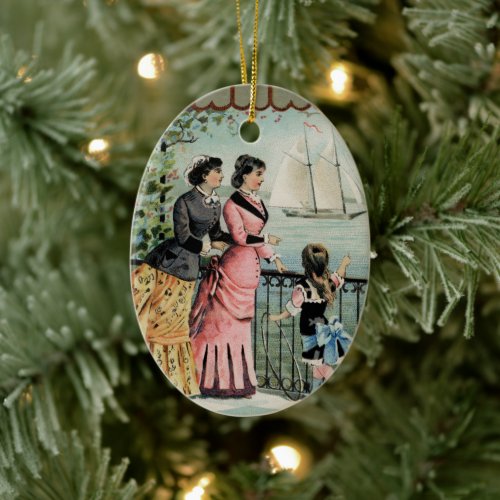 Vintage Ladies, Girl, Sailing Ship Ceramic Ornament