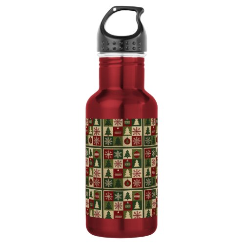 Vintage, patchwork quilted look rustic Christmas Stainless Steel Water Bottle