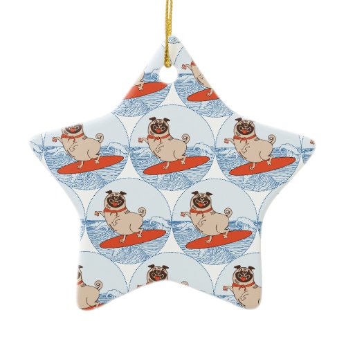 Wave riding happy pug dog on surfboard  scarf band ceramic ornament