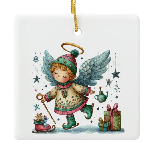 Whimsical Christmas Angel on Ice Skates Ceramic Ornament