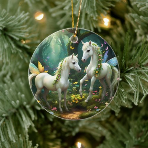 White Pixie Fantasy Horses In Magical Garden, Ceramic Ornament
