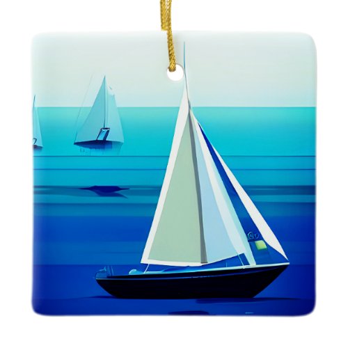 Yacht Under Sail, Cobalt Blue  Ceramic Ornament